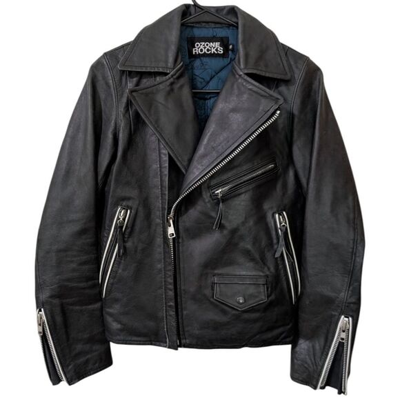OZONE ROCKS Japanese Y2K VTG Black Leather Biker Jacket Quilted Lined Women's XS